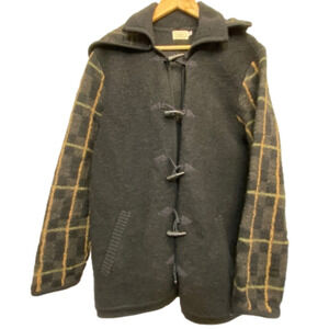 Haggar 100% wool jacket detachable hood black body with plaid sleeves and hood